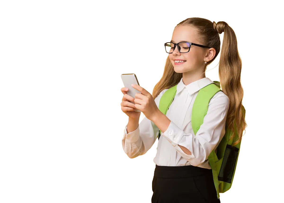 Girl with a school bag and a phone